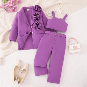 2025 cross-border girls' autumn and winter new solid color three-dimensional flower blazer camisole trousers multi-piece set – Image 3