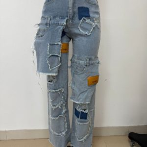 YL2475 European and American fashion loose straight wash multi-pocket patch patch wash street denim trousers – Image 4