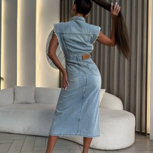 Cross-border foreign trade women's denim sleeveless slit lapel dress single breasted one-piece long skirt women's source wholesale – Image 5