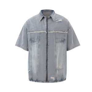 Jiayiku Men's Summer Shirt American Street Worn Washed Denim Shirt Short Sleeve Ruffian Handsome Trendy Men – Image 3