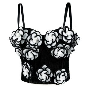 Summer  New Women's Handmade Beaded Flower Embellishment Premium Sexy Camisole Denim Fishbone Corset – Image 3