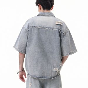 Jiayiku Men's Summer Shirt American Street Worn Washed Denim Shirt Short Sleeve Ruffian Handsome Trendy Men – Image 4