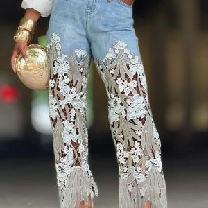 YLN7795 cross-border independent station Amazon 2025 new lace spliced jeans – Image 3