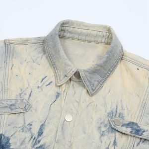 Jiayiku men's summer suit shirt Korean ruffian handsome niche tie-dye washed denim shirt men's jacket short sleeves – Image 8