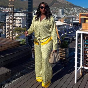 African women's long-sleeved cardigan shirt wide-legged trousers print large size casual European and American foreign versatile two-piece women – Image 4