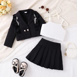 cross-border new European and American spring and autumn girls' pendant blazer camisole vest pleated skirt three-piece set – Image 4