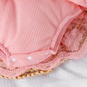 Infant and children's clothing Korean version of cross-border autumn waffle balloon sleeve mesh Ha clothes can be opened + foot socks + headwear – Image 4