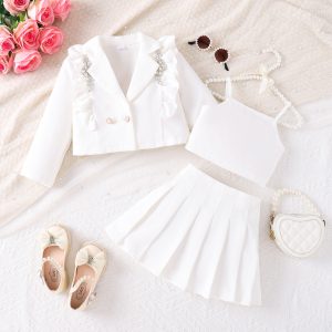 cross-border new European and American spring and autumn girls' pendant blazer camisole vest pleated skirt three-piece set – Image 3