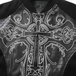 High Street Dark Cross Embroidered Baseball Jersey Jacket Men's Trendy Color-Blocked Sleeves Crocodile PU Leather Jacket – Image 4