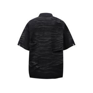 Jiaqiku men's American heavyweight, washed holes, erosion, niche denim shirts, men's cargo coats, short-sleeved ruffians – Image 5