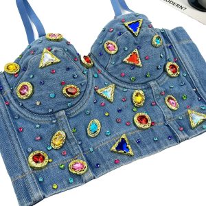 Denim with a jeweled corset on the inside and sexy on the outside with a bra rock hip-hop performance hot girl suspenders – Image 3