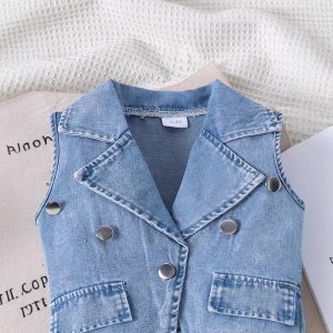 Cross-border new summer girls' lapel denim vest with solid color suspender shorts two-piece set – Image 3