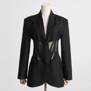 Fall 2025 New French Herringbone Tunic Mesh Splicing Slim Design See-through Formal Small Blazer for Women – Image 3