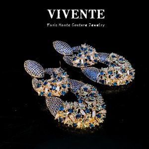 Foreign trade original order haute couture rhodium-plated Czech full diamond earrings catwalk style personalized geometric copper plated real gold non-fading earrings – Image 3