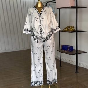 European and American cross-border women's clothing 2025 summer new fashion lapel print loose shirt wide leg trousers casual suit – Image 3