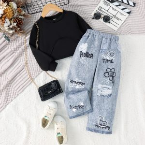 Amazon European and American Spring and Autumn Tide Fan Girl Suit for children in solid color short long sleeves with flower print trousers inside – Image 5
