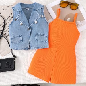Cross-border new summer girls' lapel denim vest with solid color suspender shorts two-piece set – Image 6