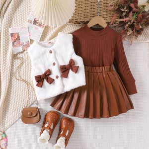 Cross-border European and American children's clothing autumn and winter new pit strip long-sleeved inner layer + sweater vest + PU leather short skirt girl three-piece set – Image 3