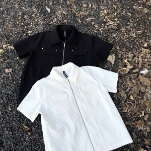 New American Retro INS Trendy Cargo Shirt Short Sleeve Zipper Shirt – Image 6