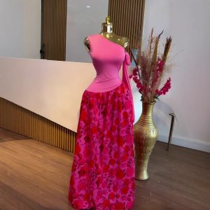 European and American cross-border women's clothing 2025 autumn new sleeveless diagonal collar slim print pleated temperament long dress – Image 3
