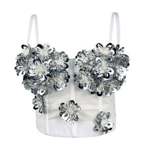 European and American new black and white sequin fishbone hot girl wears a sexy camisole bra three-dimensional pure desire fishbone bra – Image 3