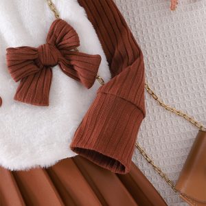 Cross-border European and American children's clothing autumn and winter new pit strip long-sleeved inner layer + sweater vest + PU leather short skirt girl three-piece set – Image 4