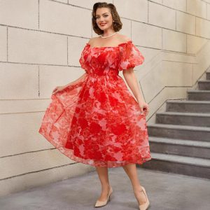Fat MM plus size extra-dense yarn red digital print one-shoulder puff sleeve A pendulum fashion slimming dress plus – Image 4