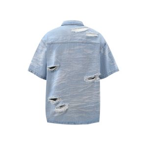 Jiaqiku men's American heavyweight, washed holes, erosion, niche denim shirts, men's cargo coats, short-sleeved ruffians – Image 6