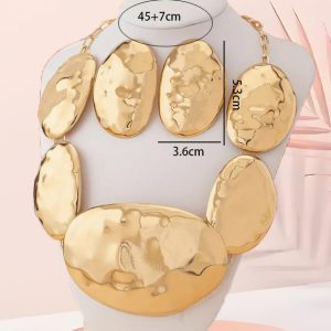 A set of cross-border exaggerated irregular oval metal shiny geometric pattern jewelry set ornament stud earrings necklace – Image 3