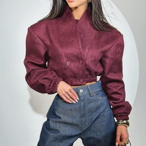 European and American cross-border women's spring new fashion burgundy thin V-neck double-breasted long-sleeved short jacket – Image 3