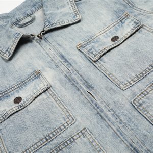 Punk washed distressed denim cargo jacket men's loose heavy faded multi-pocket design loose jacket – Image 6