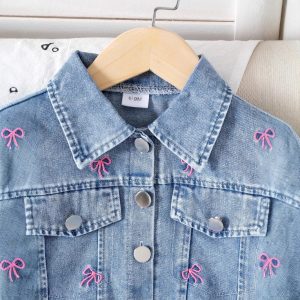 INS European and American Spring and Autumn New Trendy Girls' Suit Embroidered Bow Long Sleeve Jacket + Pants Denim Suit – Image 3