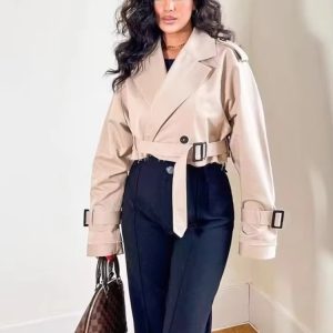 Cross-border Amazon hot sale women's clothing spring and autumn explosive European and American women's long-sleeved short casual solid color trench coat jacket – Image 4