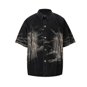 Men's Wear 2025 niche pleated design washed denim shirt ruffian jacket short sleeves – Image 3