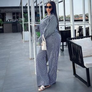European and American cross-border women's fashion striped flared sleeves long-sleeved shirt wide-leg trousers African casual suit women – Image 4