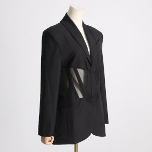 Fall 2025 New French Herringbone Tunic Mesh Splicing Slim Design See-through Formal Small Blazer for Women – Image 4