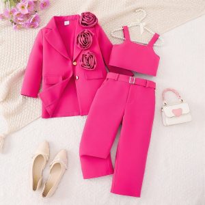 2025 cross-border girls' autumn and winter new solid color three-dimensional flower blazer camisole trousers multi-piece set – Image 4