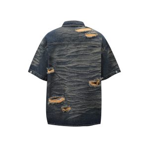 Jiaqiku men's American heavyweight, washed holes, erosion, niche denim shirts, men's cargo coats, short-sleeved ruffians – Image 4