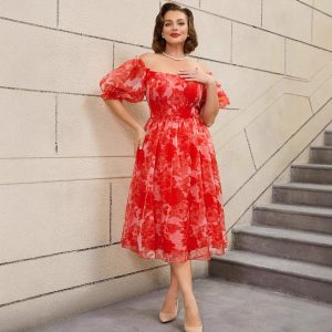 Fat MM plus size extra-dense yarn red digital print one-shoulder puff sleeve A pendulum fashion slimming dress plus – Image 3