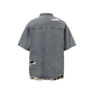 men's summer American retro ins trendy camouflage washed hole ruffian handsome denim shirt jacket short sleeves – Image 3