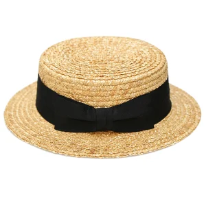 Natural straw grass double-layer bow stripe British European and American film flat top flat brim unisex hat sun hat – Image 4