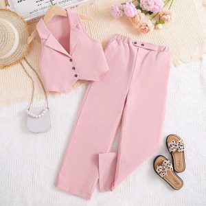 Baoxin children's clothing European and American style summer hot sale four-color sleeveless cardigan top, solid color suit trousers, girls two-piece set – Image 3