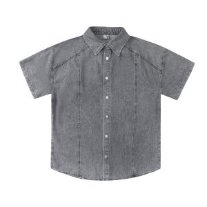 Jiayiku Men's Summer Shirt American Vintage Washed Denim Shirt Industrial Style Deconstructed Shirt Loose – Image 3