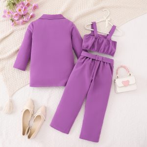 2025 cross-border girls' autumn and winter new solid color three-dimensional flower blazer camisole trousers multi-piece set – Image 5