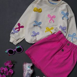 Cross-border foreign trade, Europe, the United States, spring and autumn, ins, hot sales, trendy girls' suit, round neck, bow, long sleeves + short skirt, two-piece set – Image 3