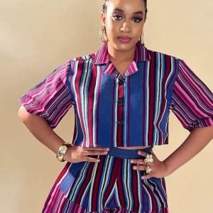 African plus-size lapels, short-sleeved buttoned striped shirts, women's casual shorts, European and American fashion, new two-piece set – Image 4