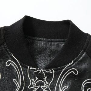 High Street Dark Cross Embroidered Baseball Jersey Jacket Men's Trendy Color-Blocked Sleeves Crocodile PU Leather Jacket – Image 3