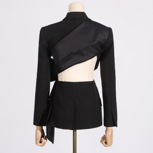 Fall 2025 new fashionable and sexy V-neck open-waist bow splicing design lace-up waist blazer – Image 4