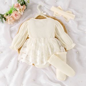 Infant and children's clothing Korean version of cross-border autumn waffle balloon sleeve mesh Ha clothes can be opened + foot socks + headwear – Image 6
