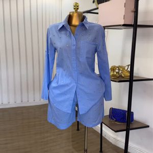 European and American cross-border women's clothing 2025 summer new fashion solid color lapel nail beads slim long sleeve shirt shorts set – Image 3